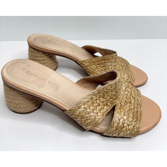 Chocolat Blue Sandals Size 8 Raffia Slide Sandals Block Heel Leather Lining - Picture 3 of 8
